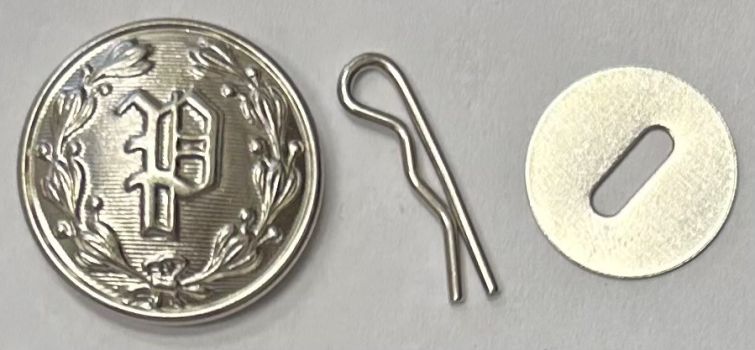 P UNIFORM JACKET NICKEL BUTTON SET = 1 P NICKEL BUTTON, 1 DISC & 1 COTTER PIN.
